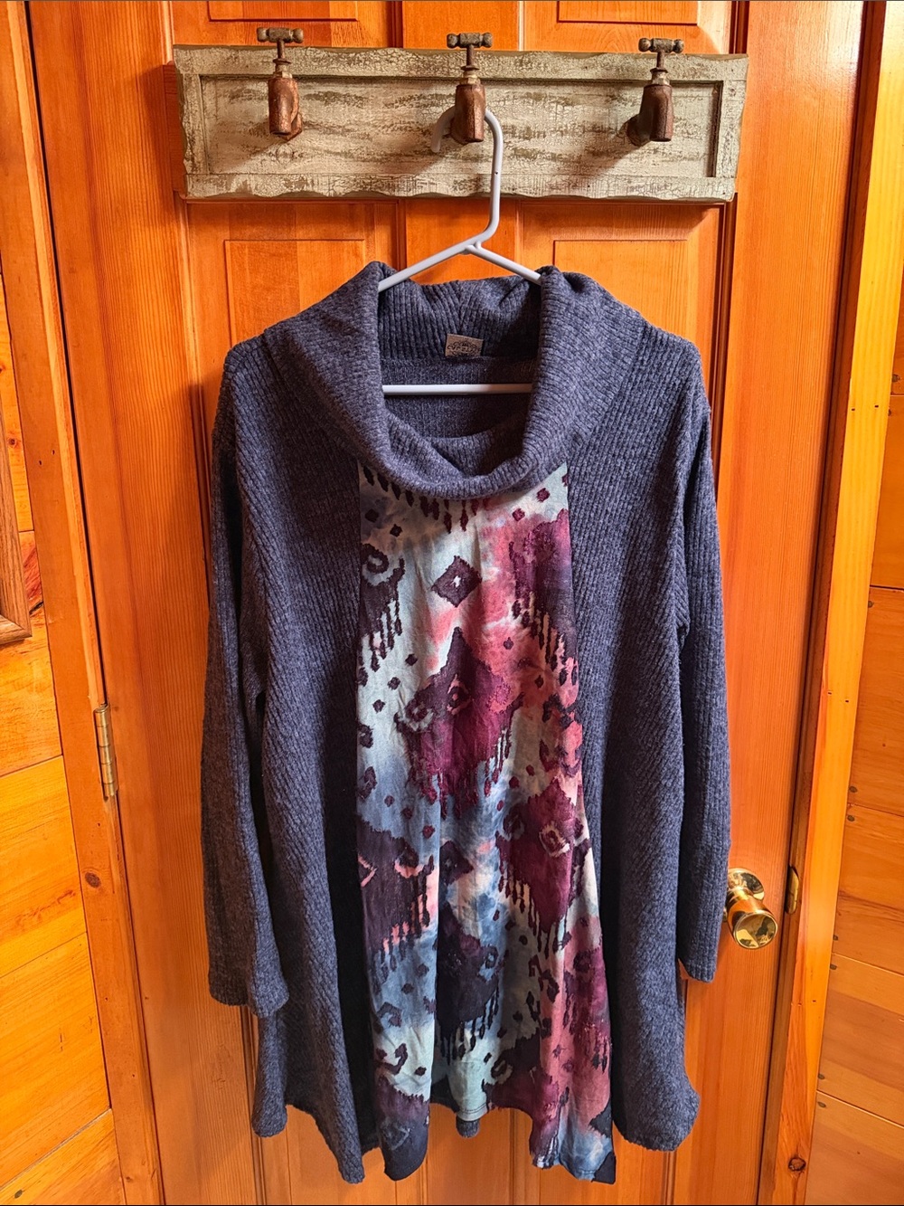 Charcoal Cowl-Neck Sweater Tunic with Multicolor Front Panel